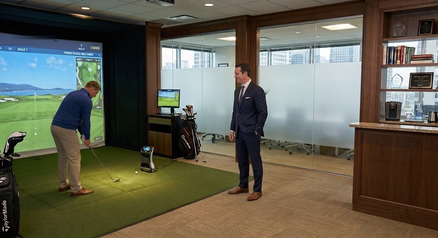 Office golf simulator lounge with two colleagues, impact screen, turf hitting area and glass-walled conference room alongside