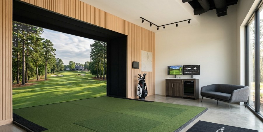 Custom golf simulator room built by GolfSimsVA, with wood slat acoustic paneling, impact screen showing a parkland golf hole, turf hitting area and lounge seating